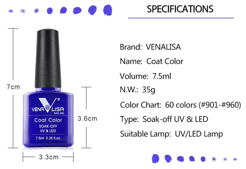 VENALISA Nail Gel Polish Semi Permanent Gellack Nail Art Salon 120 Color Glitter 7.5ml Soak off Organic UV LED Nail Gel Varnish