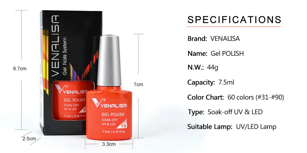 VENALISA Nail Gel Polish Semi Permanent Gellack Nail Art Salon 120 Color Glitter 7.5ml Soak off Organic UV LED Nail Gel Varnish