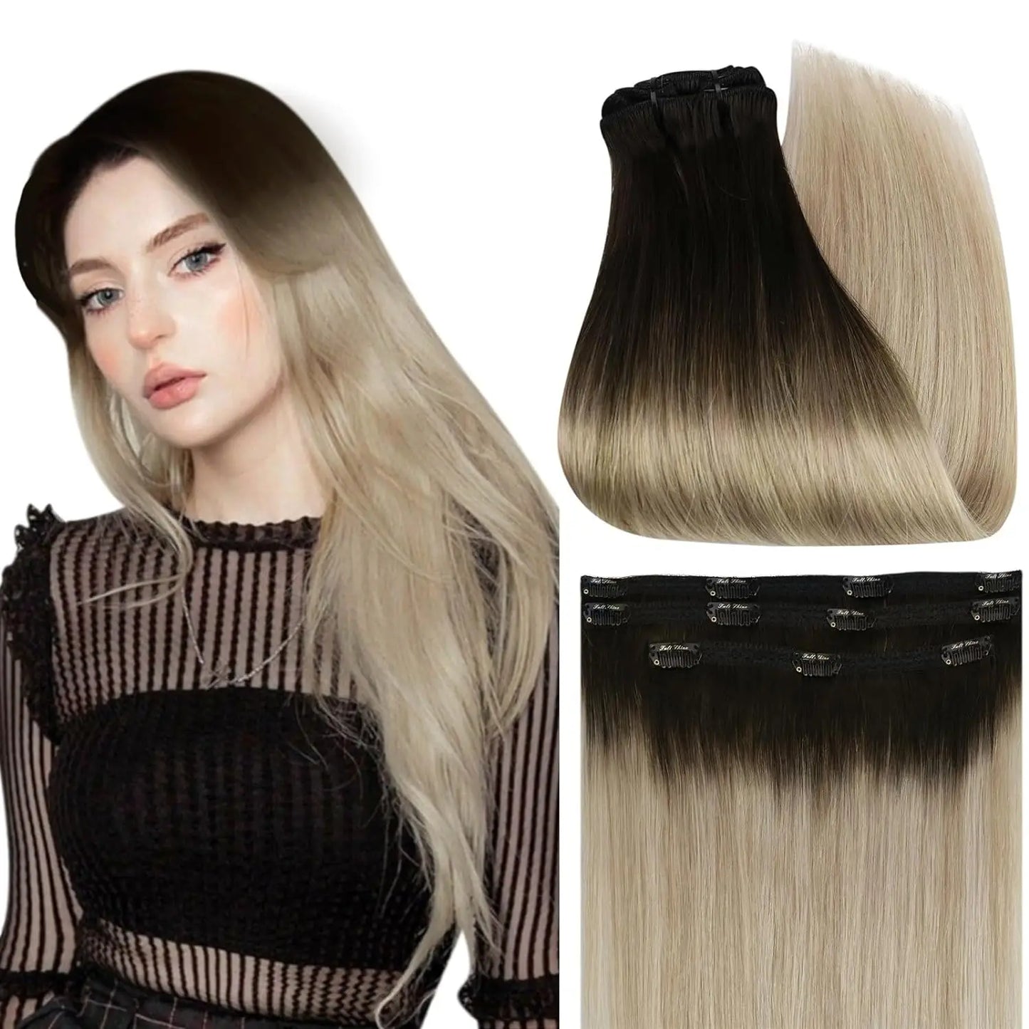 Full Shine 50 Grams Clip in Hair Extensions Human Hair Ombre Color 3Pcs Human Hair Clip in Extensions for Women