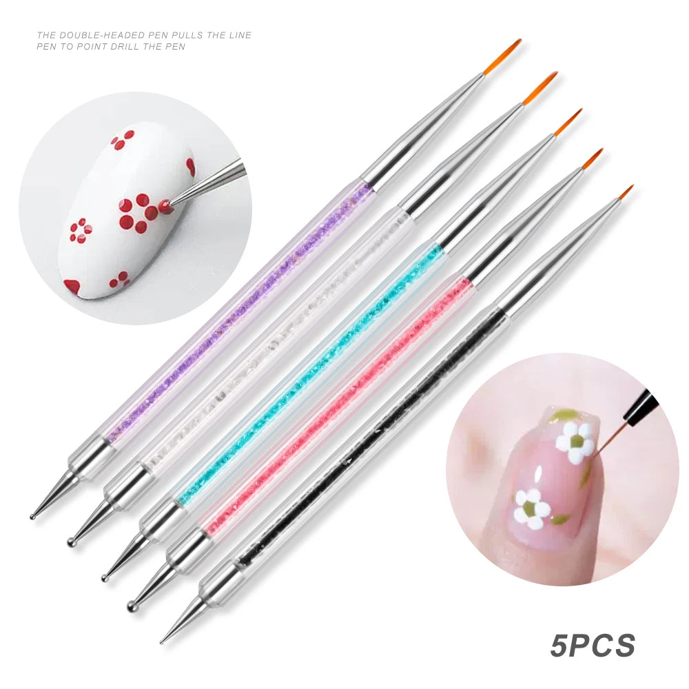 5Pcs/Set Sculpture Dotting Pen Nail Art Silicone Brush Colorful Crystal Dual-head Carving Flower Painting Pen DIY Manicure Tools