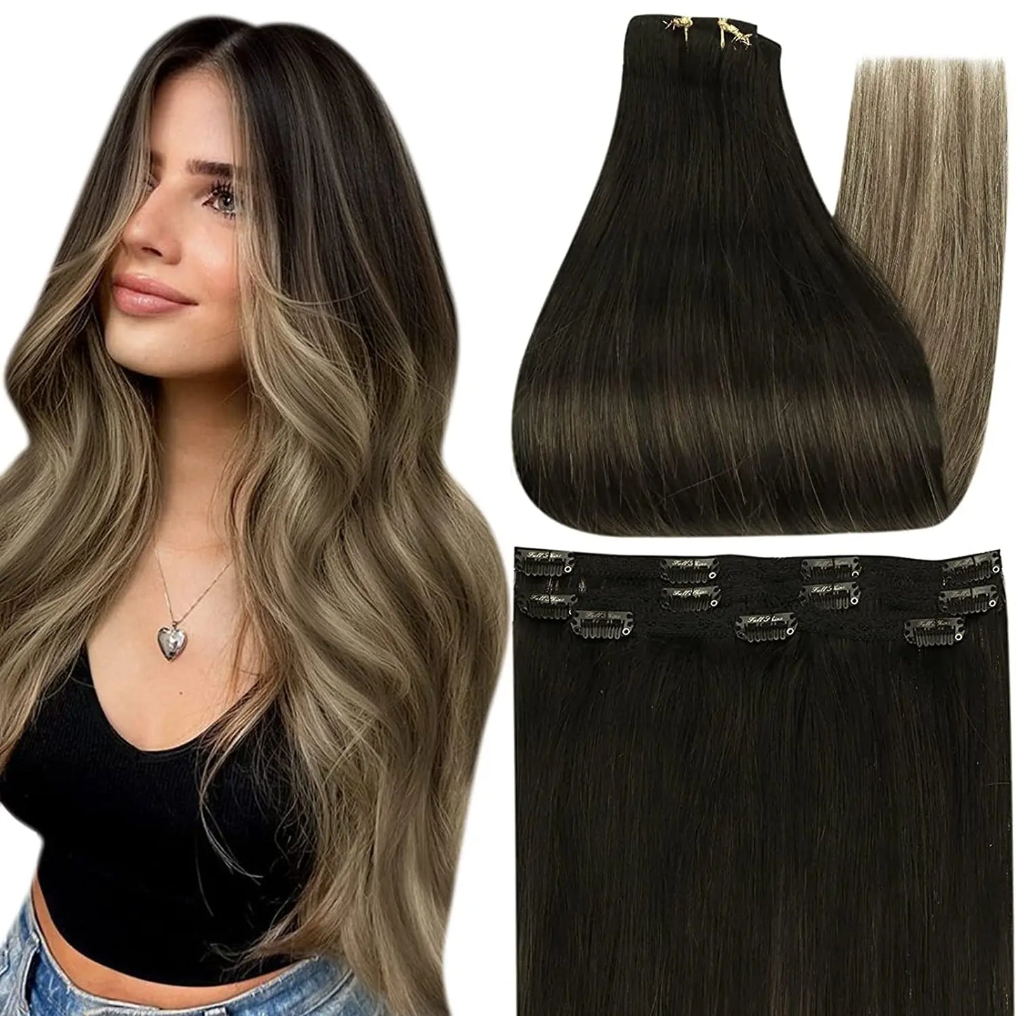 Full Shine 50 Grams Clip in Hair Extensions Human Hair Ombre Color 3Pcs Human Hair Clip in Extensions for Women