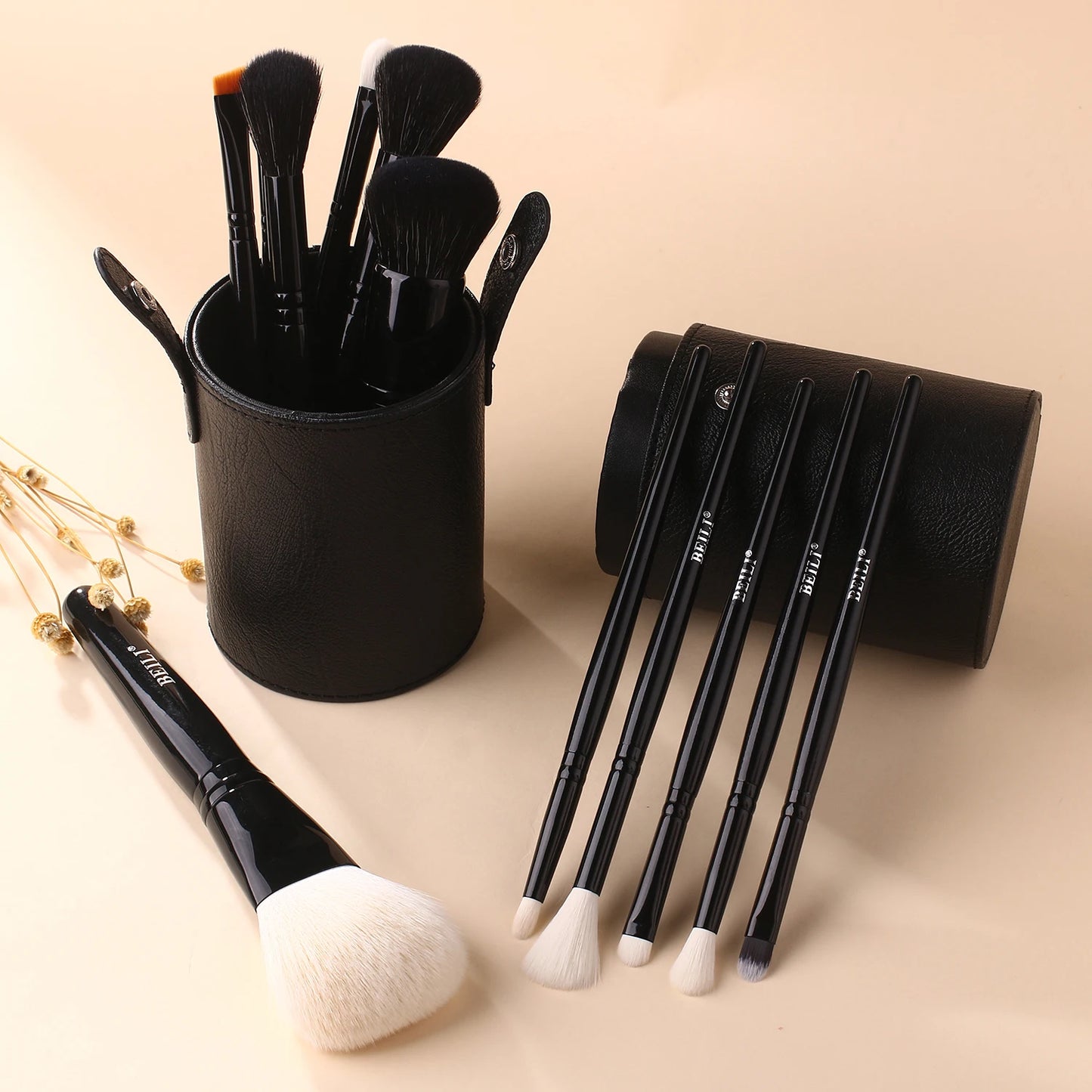 BEILI Makeup Brush Cylinder Brushes Storage Holder Organizer Travel Case for Cosmetic Tools PU Leather Big 1pcs