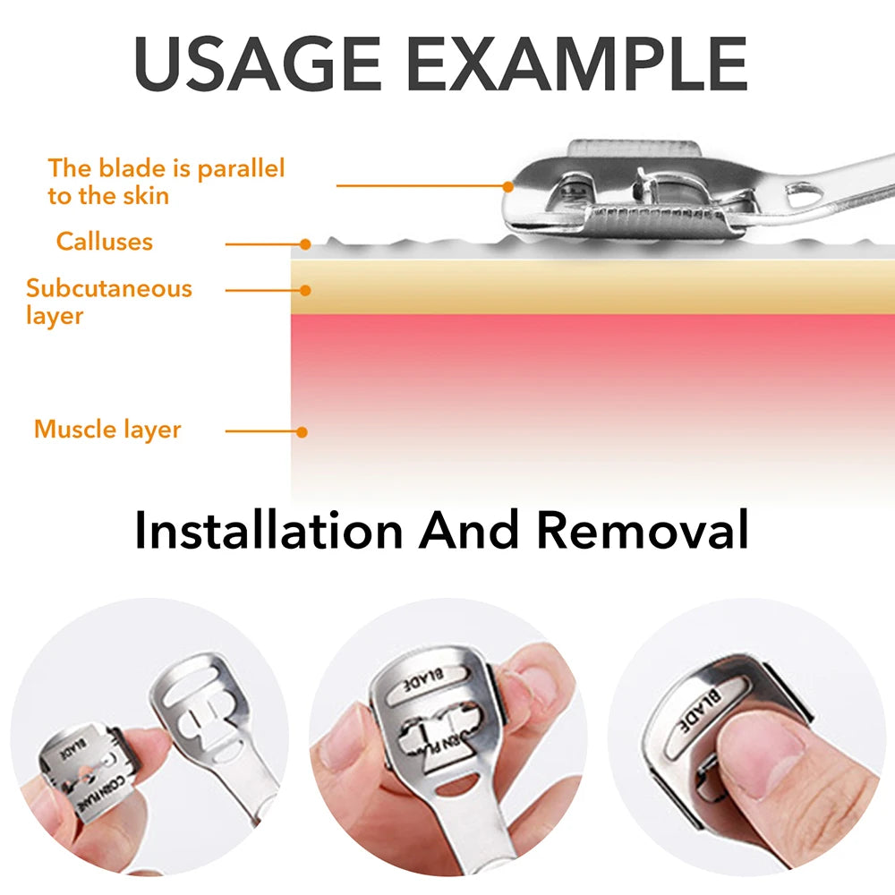 1Set Foot Razor Callus Remover Heel Hard Skin Corn Shaver Stainless Steel File Wood Grain Handle 10Pcs Blade Pedicure Tools Kit