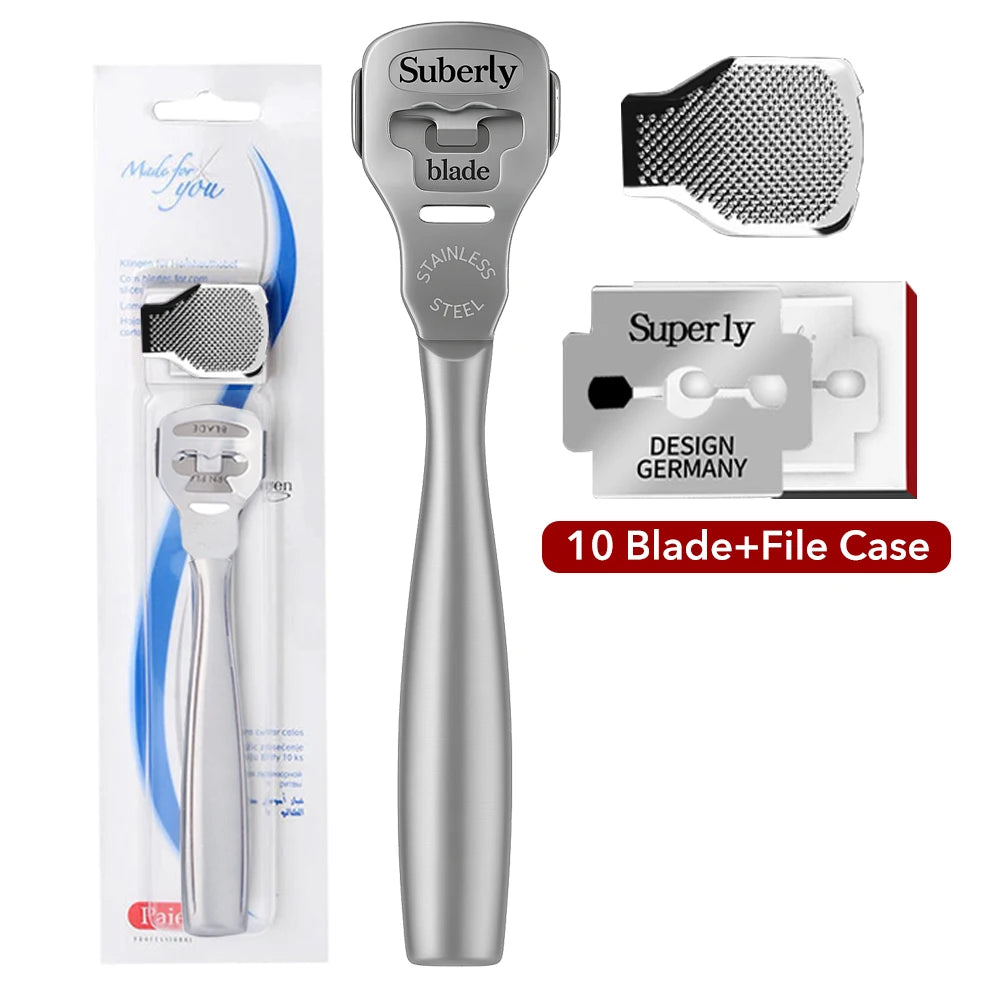 1Set Foot Razor Callus Remover Heel Hard Skin Corn Shaver Stainless Steel File Wood Grain Handle 10Pcs Blade Pedicure Tools Kit