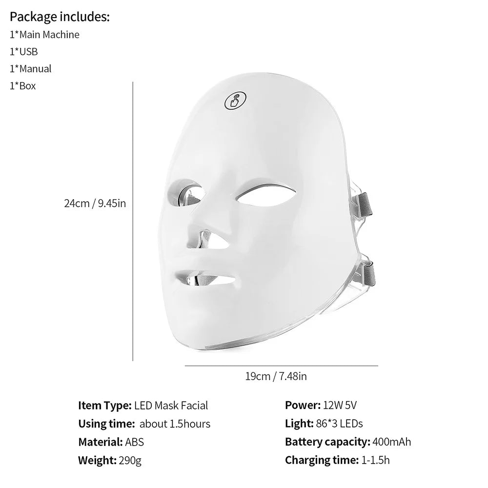 Rechargeable Facial LED Mask 7 Colors LED Photon Therapy Beauty Mask Skin Rejuvenation Home Face Lifting Whitening Beauty Device