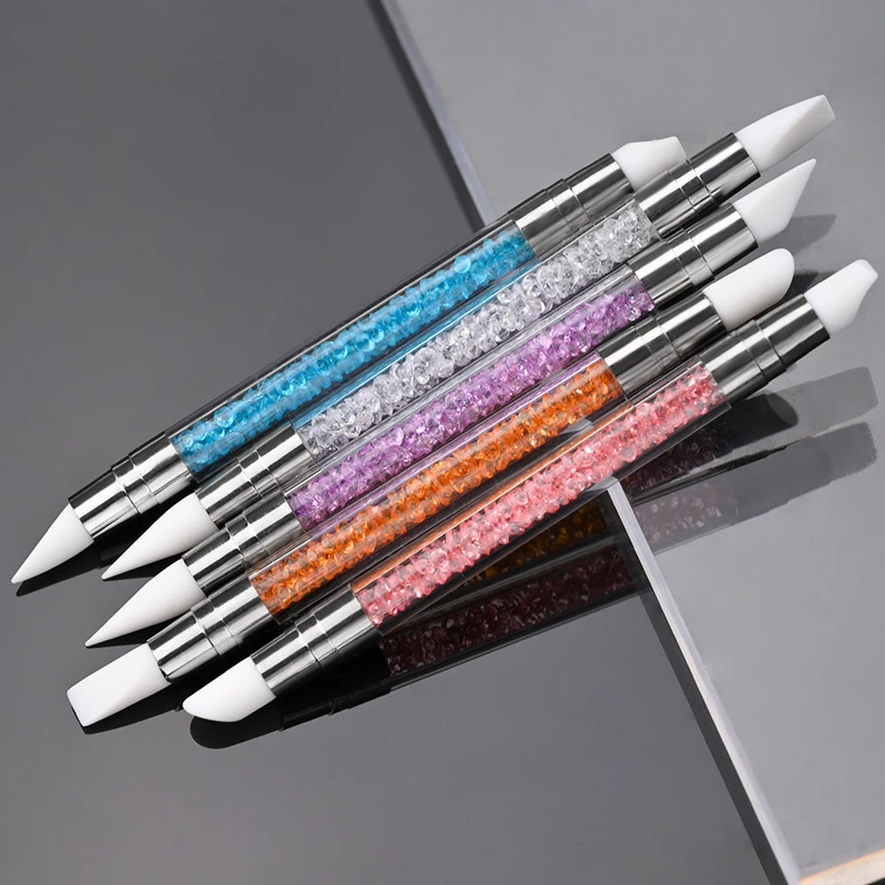 5Pcs/Set Sculpture Dotting Pen Nail Art Silicone Brush Colorful Crystal Dual-head Carving Flower Painting Pen DIY Manicure Tools